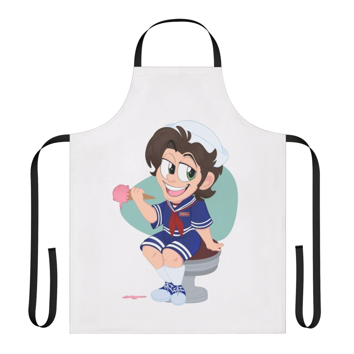 Nautical-themed apron with "Scoops Ahoy" logo and sailor Steve Harrington from Stranger Things