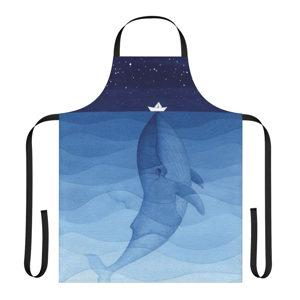 Vibrant watercolor illustration of a blue whale on a navy blue apron