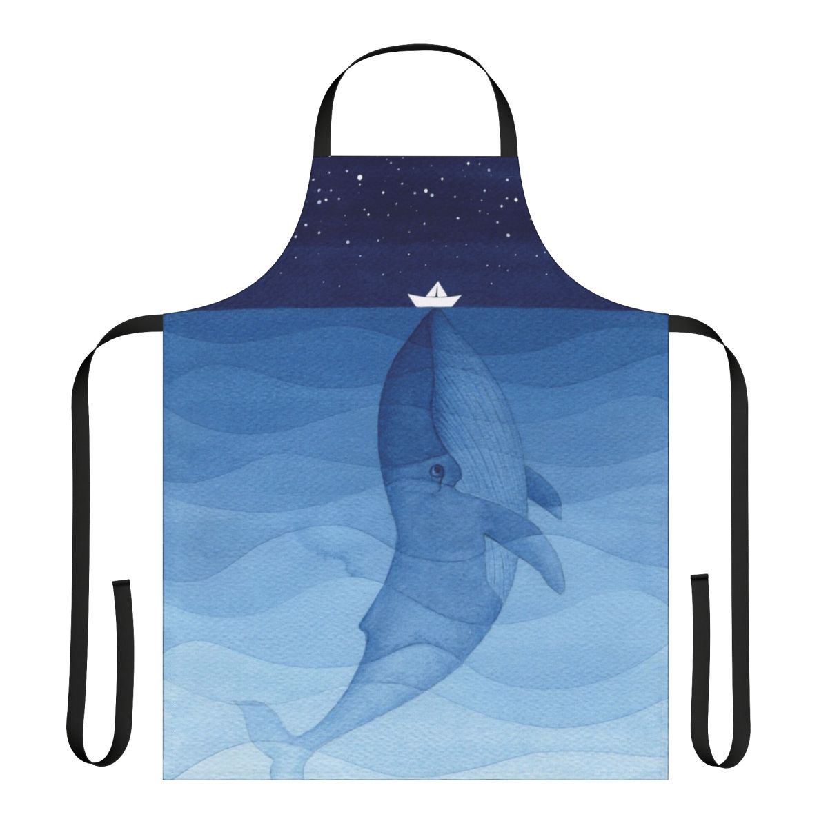 Vibrant watercolor illustration of a blue whale on a navy blue apron