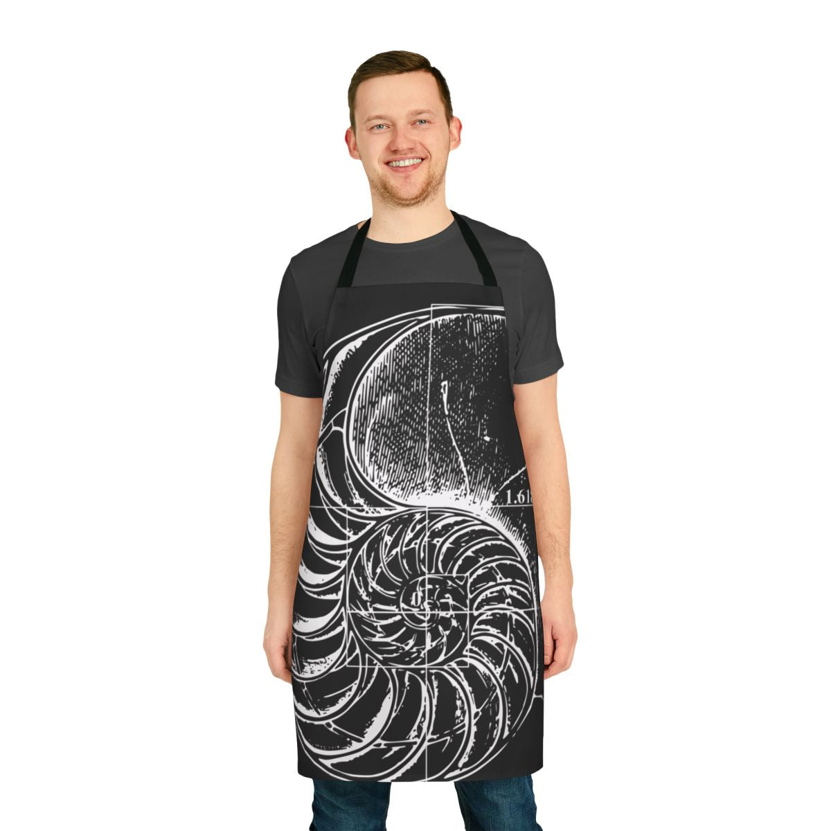 Apron featuring a nautilus shell and the Fibonacci spiral, a mathematical pattern found in nature.