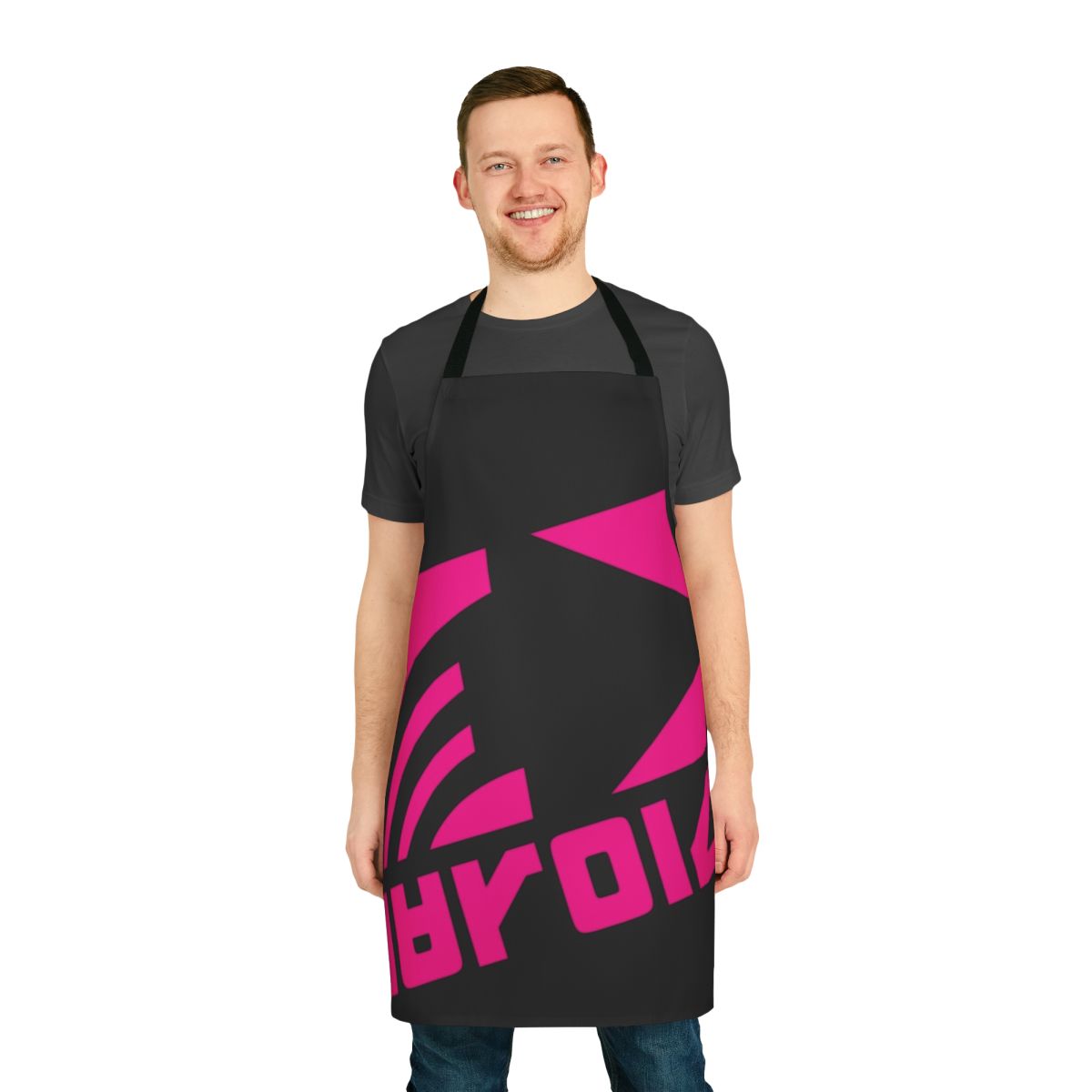 Navy apron with Deca logo, inspired by the Splatoon video game series