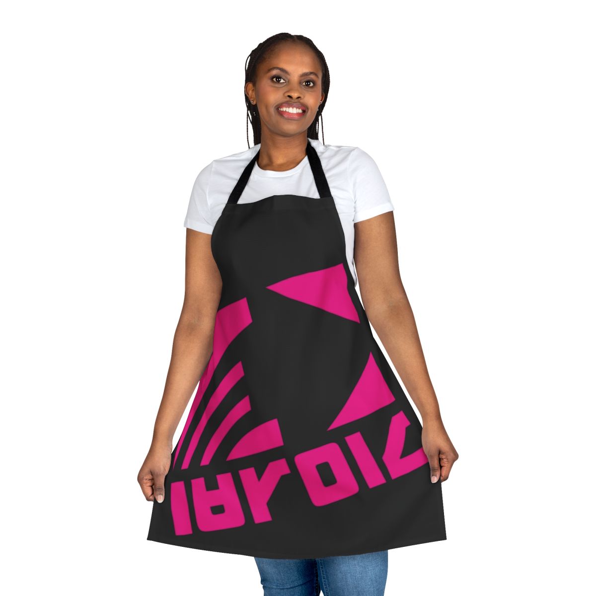 Navy apron with Deca logo, inspired by the Splatoon video game series
