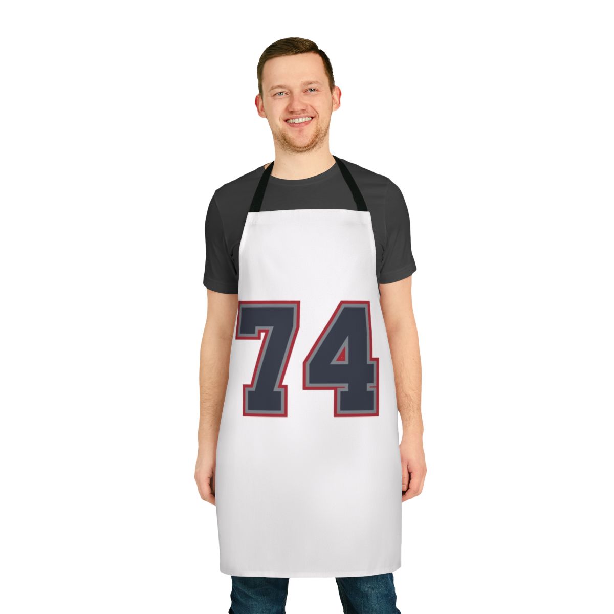 Navy grey red sports apron with the number 74
