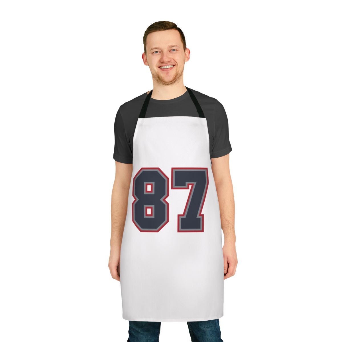 Navy, grey, and red sports number 87 apron