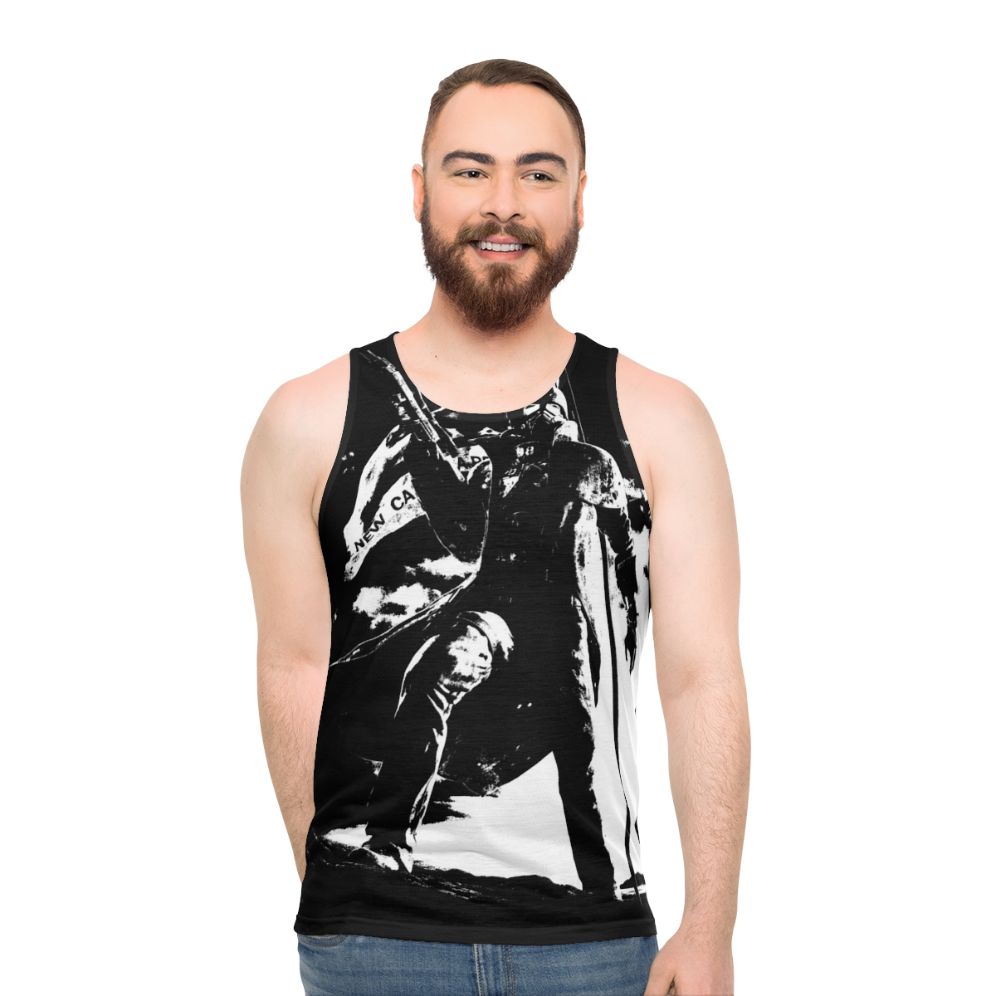 Black and white unisex tank top with NCR ranger flag design