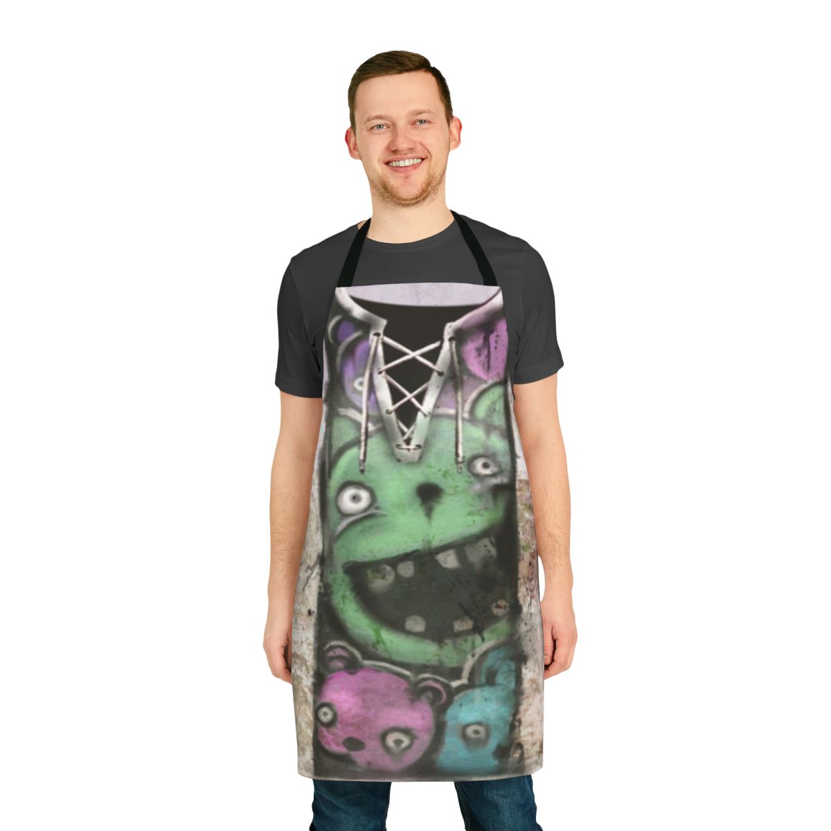 Model wearing a navy blue custom apron featuring the character Nea Karlsson from the video game Dead by Daylight