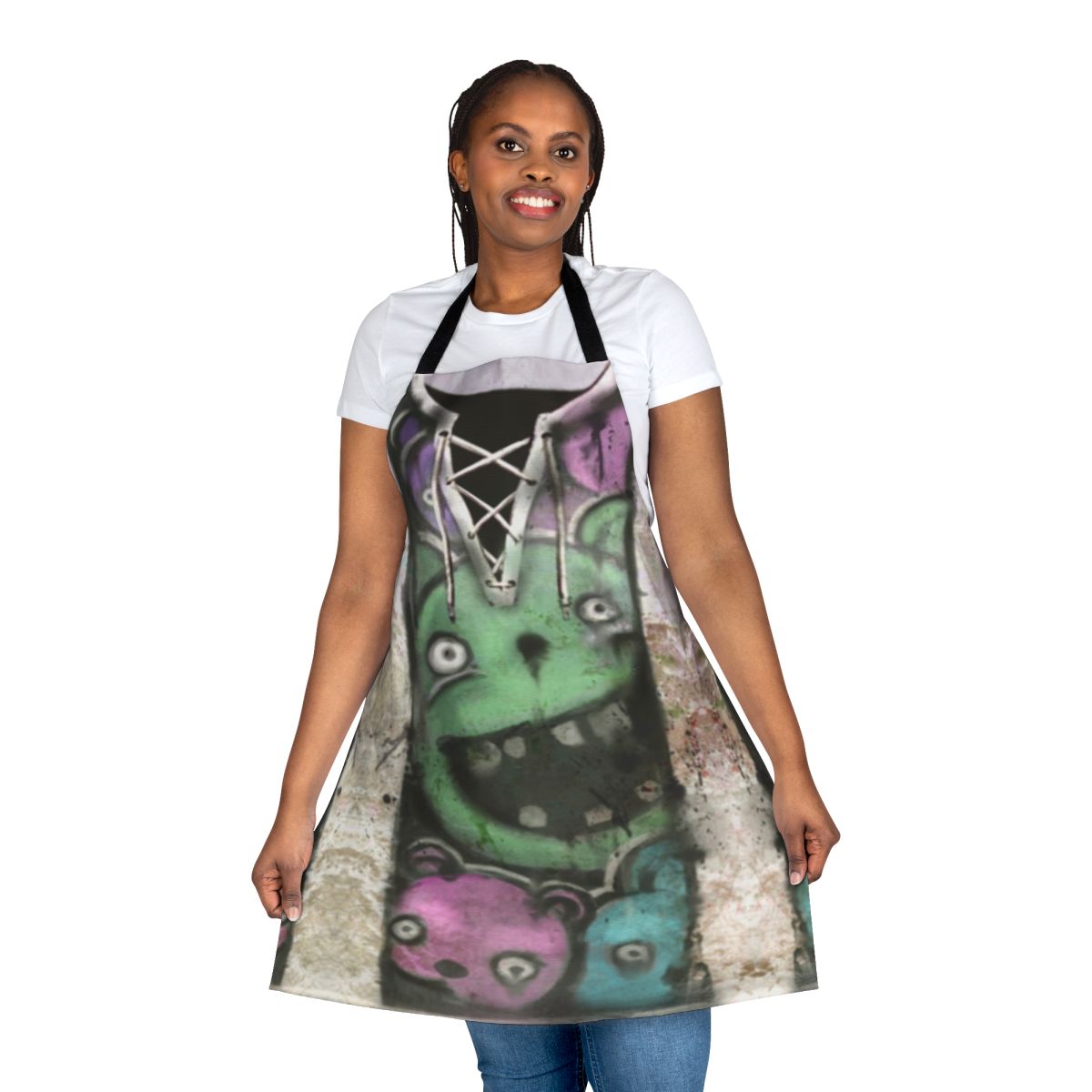 Model wearing a navy blue custom apron featuring the character Nea Karlsson from the video game Dead by Daylight
