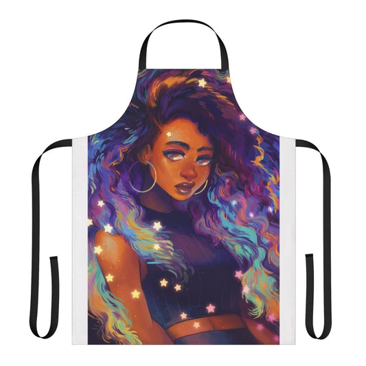 Nebula-inspired apron featuring a vibrant purple and black cosmic design