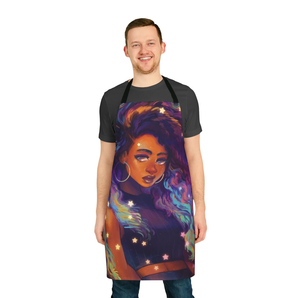 Nebula-inspired apron featuring a vibrant purple and black cosmic design