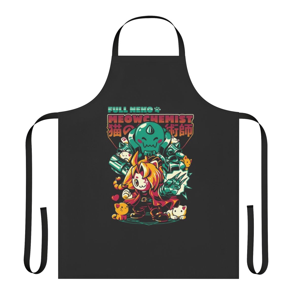 Neko-inspired anime apron with a cute meowchemist pun design