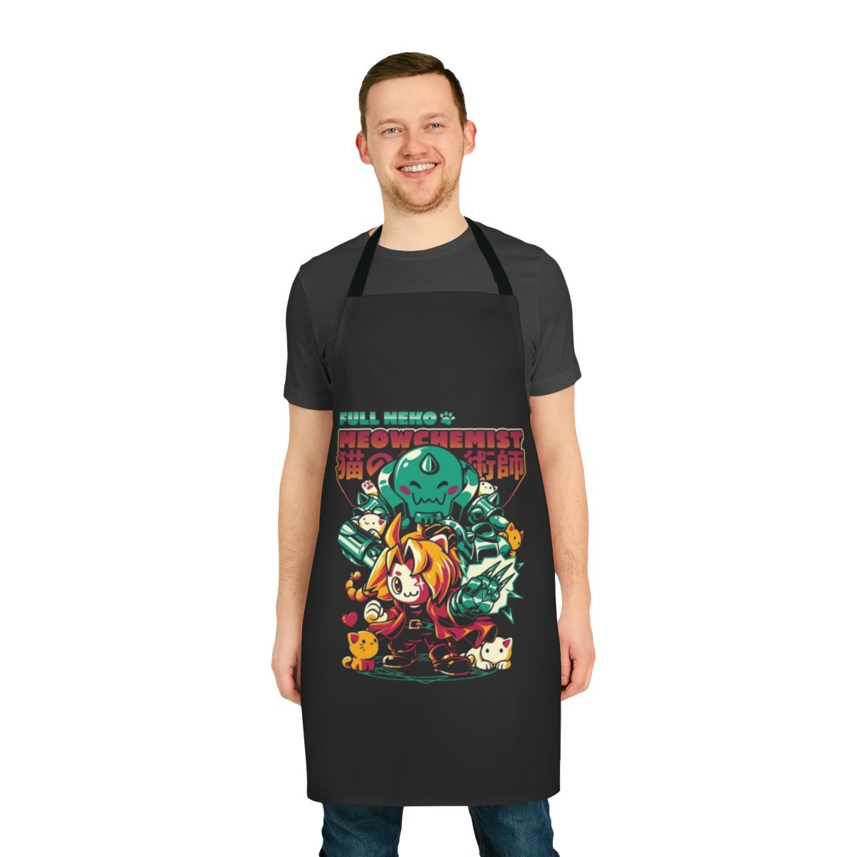 Neko-inspired anime apron with a cute meowchemist pun design