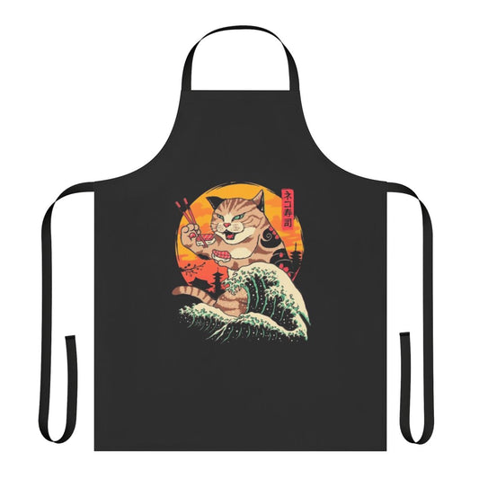 A stylish apron featuring a wave design with adorable cats, inspired by the famous 'Great Wave' artwork and Japanese cuisine.
