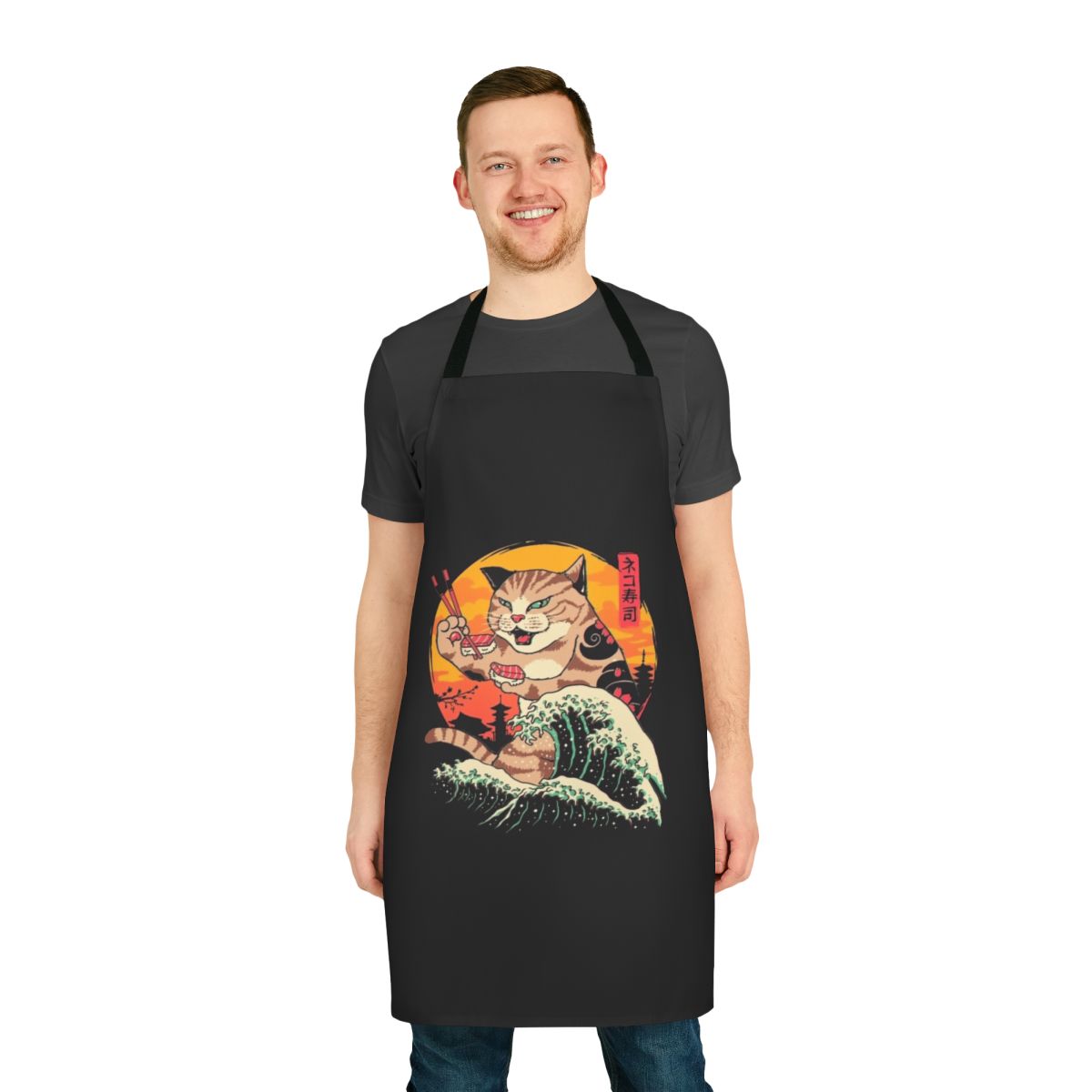 A stylish apron featuring a wave design with adorable cats, inspired by the famous 'Great Wave' artwork and Japanese cuisine.