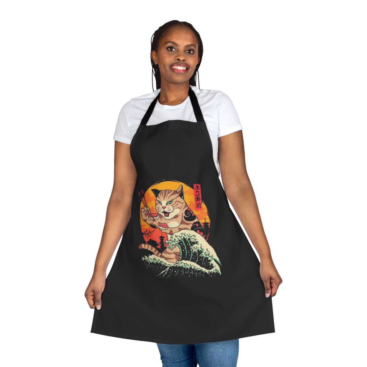 A stylish apron featuring a wave design with adorable cats, inspired by the famous 'Great Wave' artwork and Japanese cuisine.