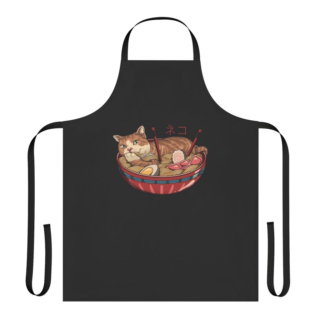A stylish and functional apron featuring a cat and ramen bowl design, perfect for ramen enthusiasts.