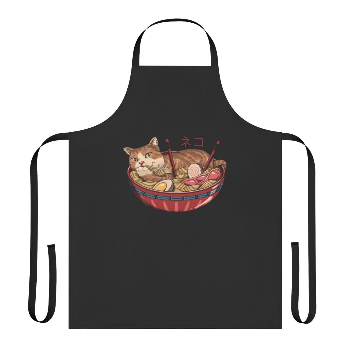 A stylish and functional apron featuring a cat and ramen bowl design, perfect for ramen enthusiasts.