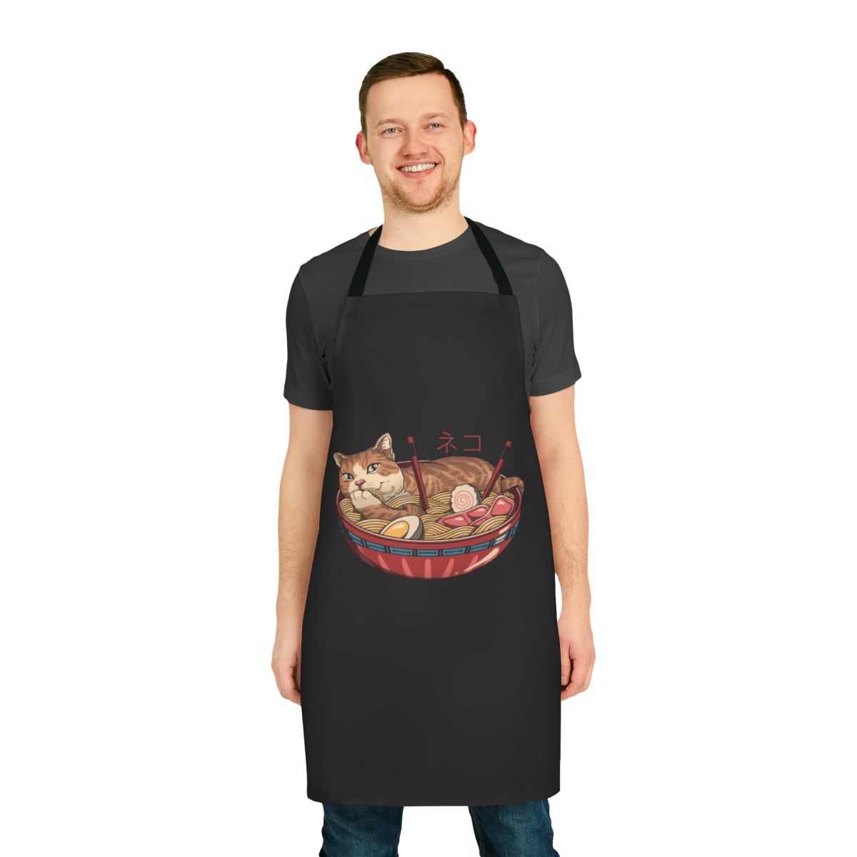 A stylish and functional apron featuring a cat and ramen bowl design, perfect for ramen enthusiasts.