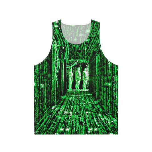 Neo from The Matrix wearing a red or blue pill unisex tank top