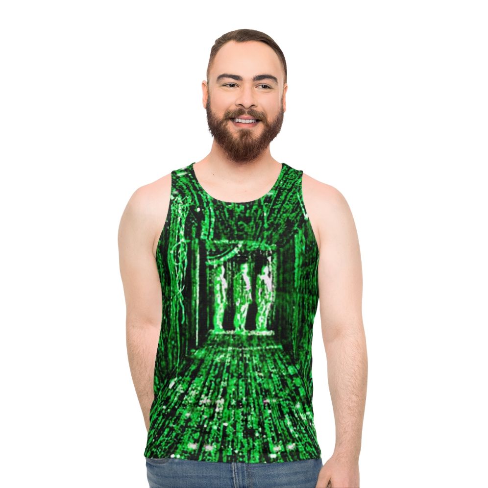 Neo from The Matrix wearing a red or blue pill unisex tank top