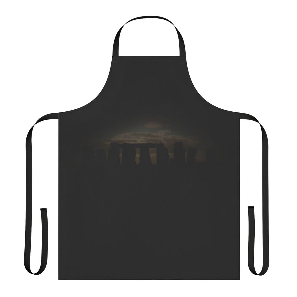 Neolithic henge inspired apron with a black silhouette design of a prehistoric stone circle