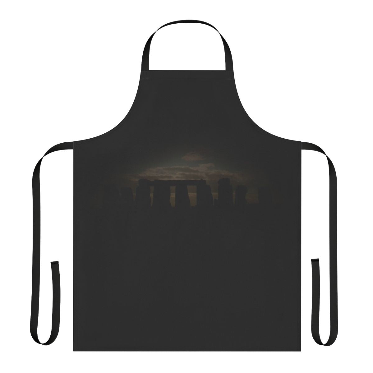 Neolithic henge inspired apron with a black silhouette design of a prehistoric stone circle