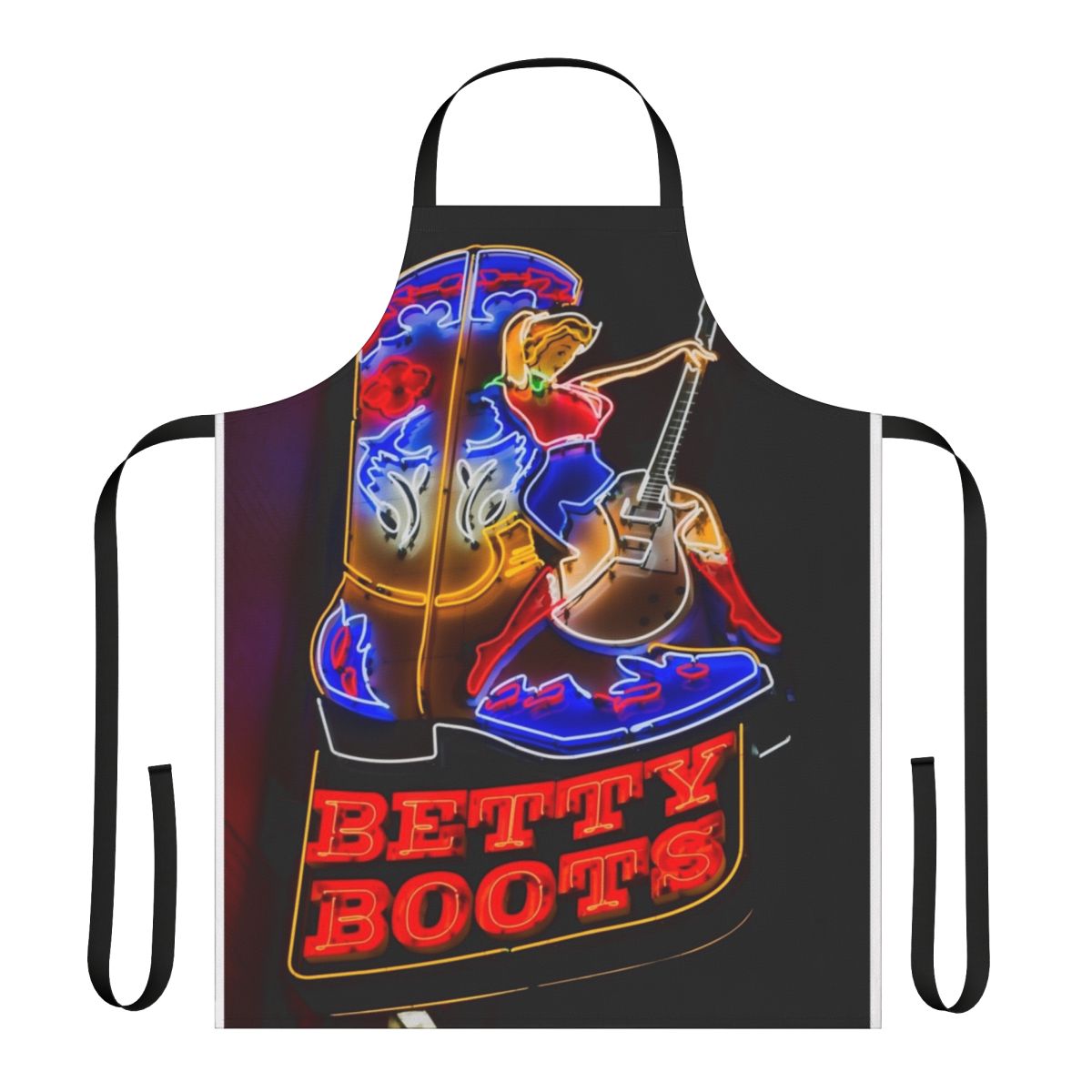 Vibrant neon apron with cowgirl boots, guitar, and country music theme