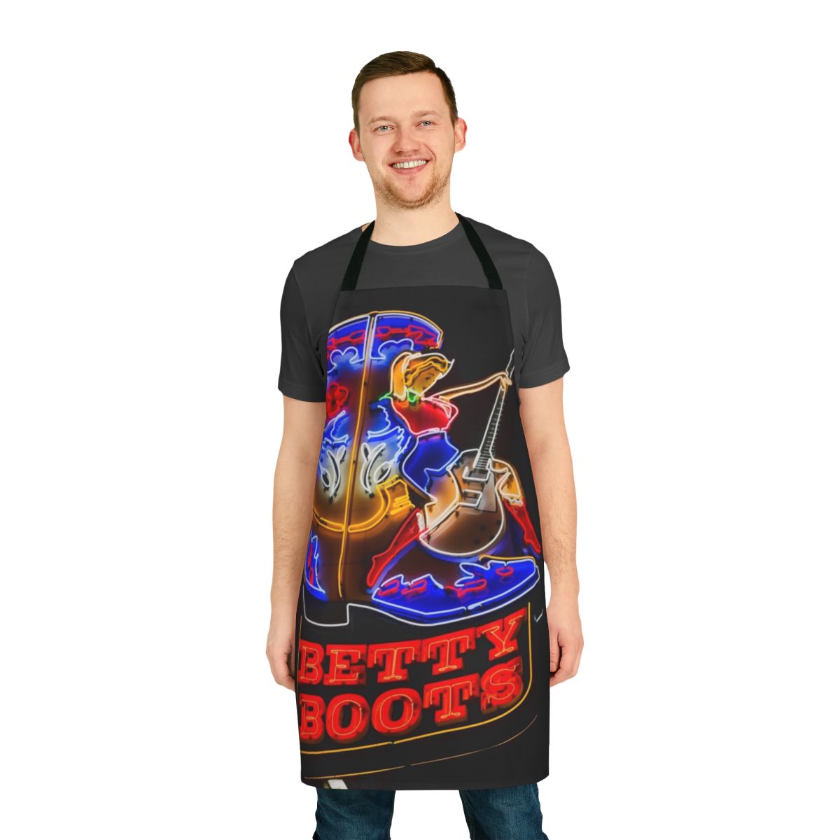 Vibrant neon apron with cowgirl boots, guitar, and country music theme