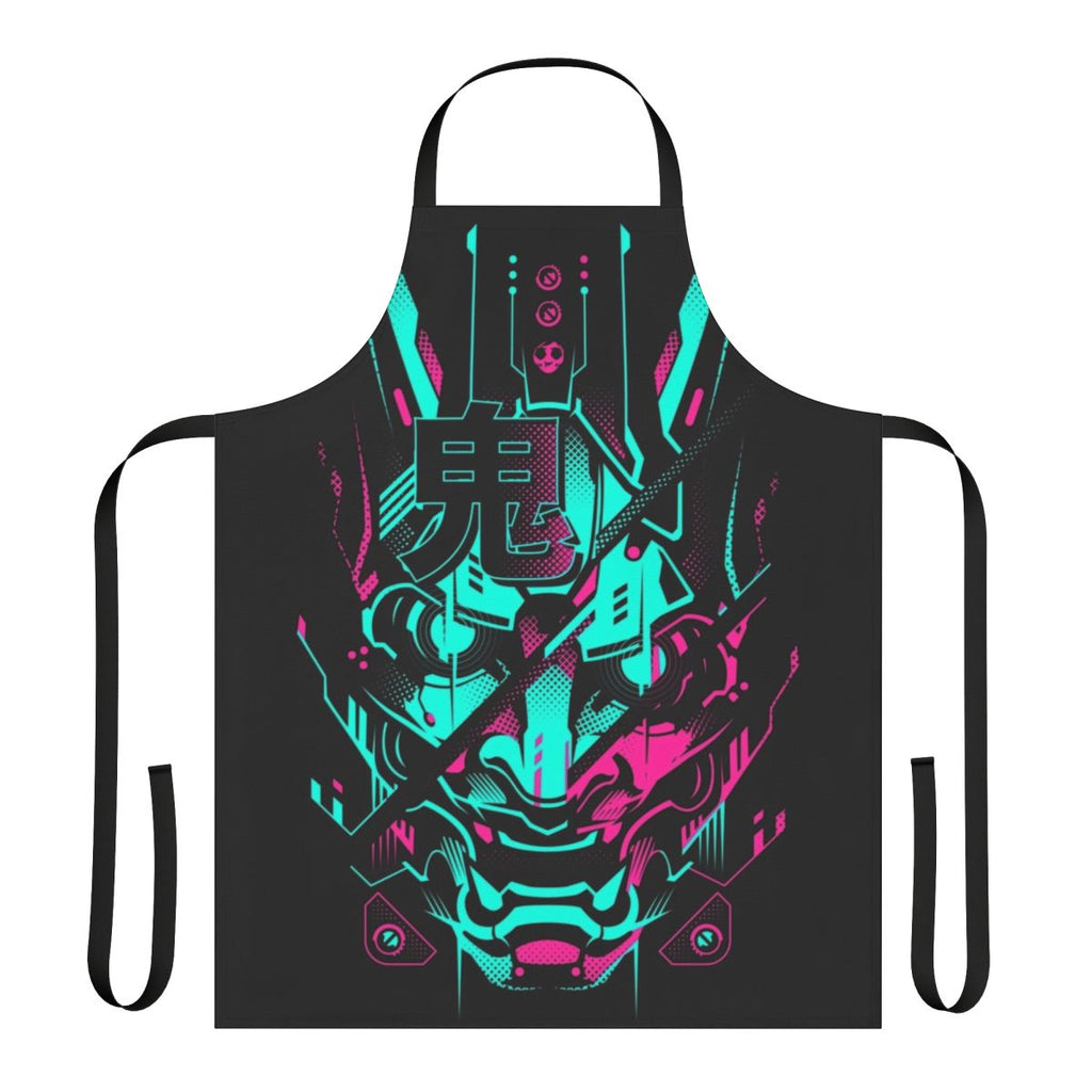 Neon cyberpunk-inspired apron with Japanese demon and mecha robot graphics.