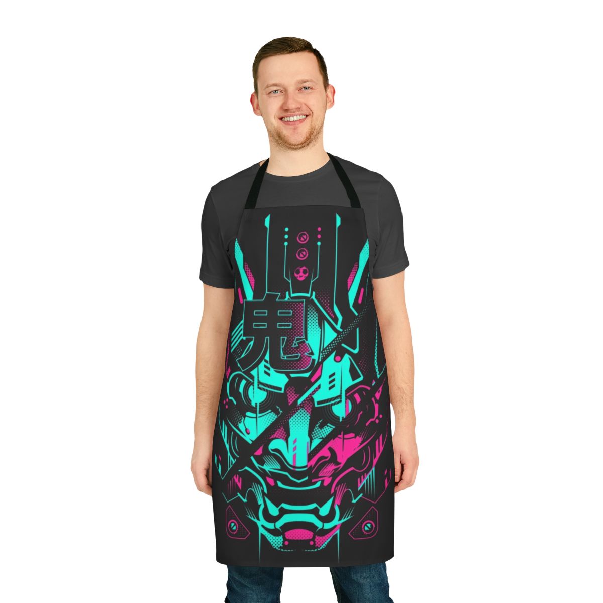 Neon cyberpunk-inspired apron with Japanese demon and mecha robot graphics.
