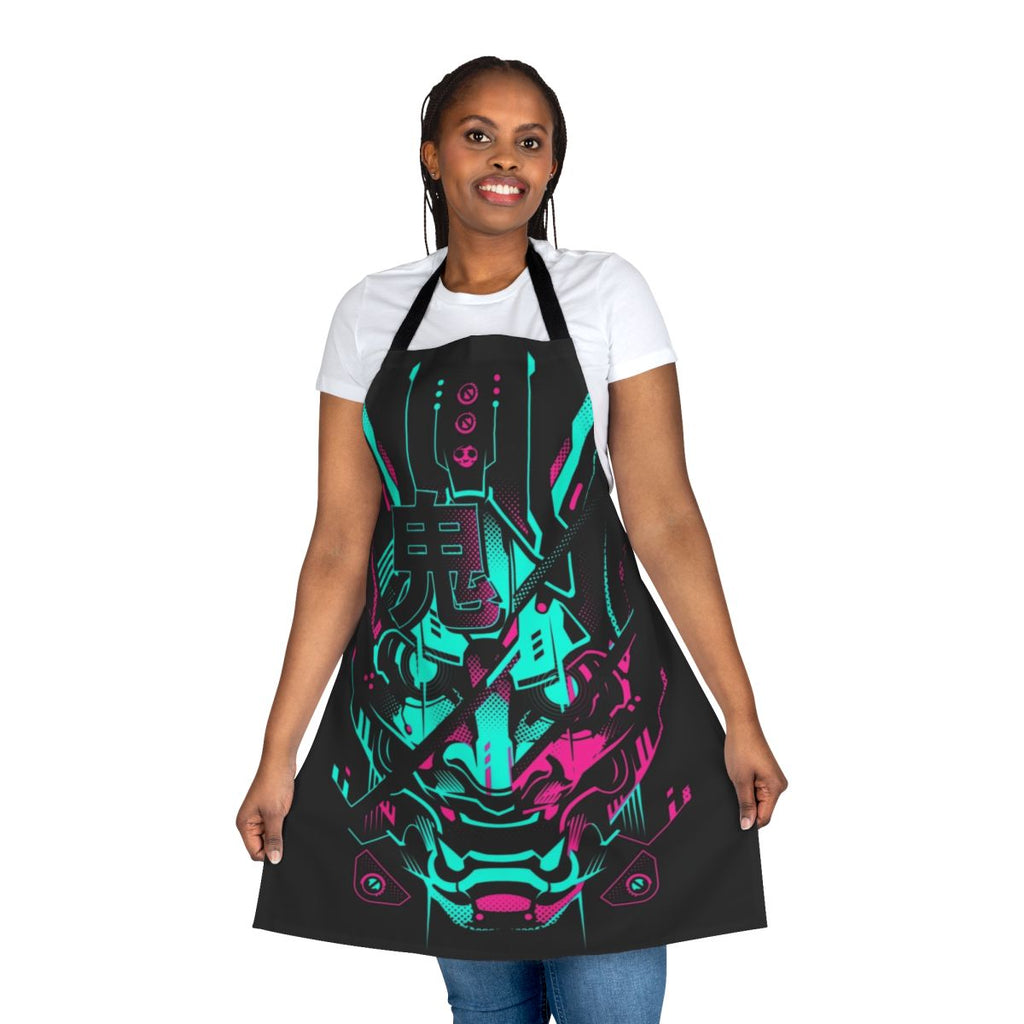Neon cyberpunk-inspired apron with Japanese demon and mecha robot graphics.