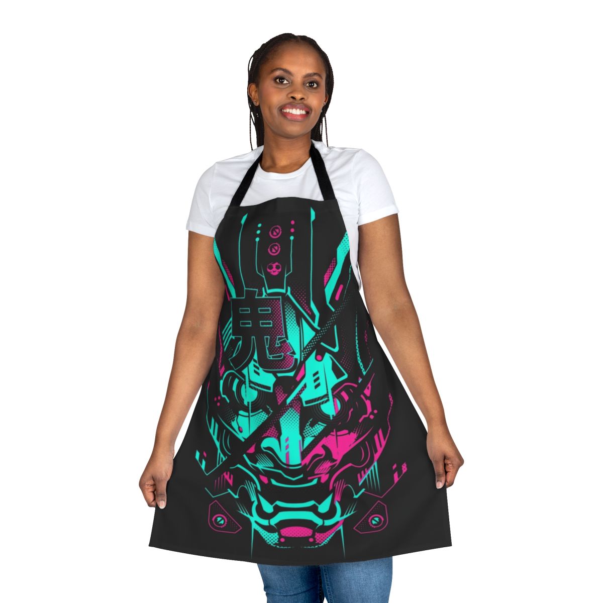 Neon cyberpunk-inspired apron with Japanese demon and mecha robot graphics.