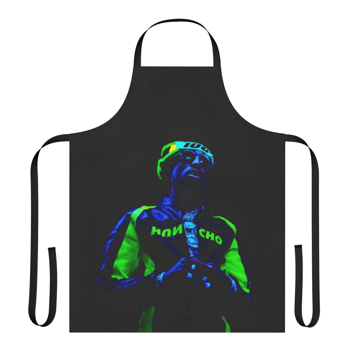 Neon green apron with Quavo-inspired design