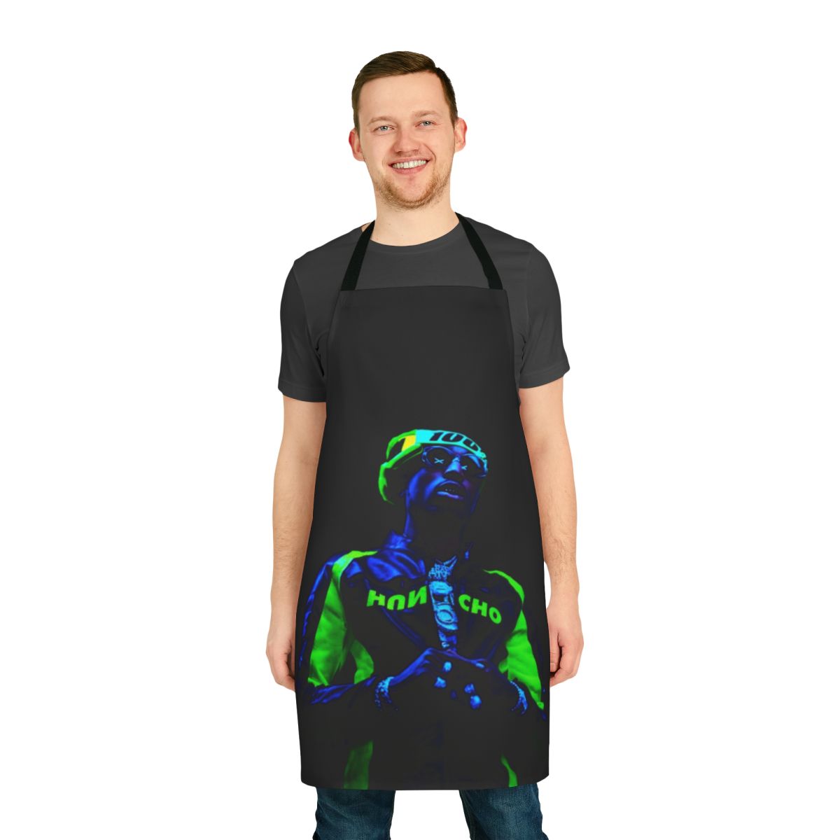 Neon green apron with Quavo-inspired design