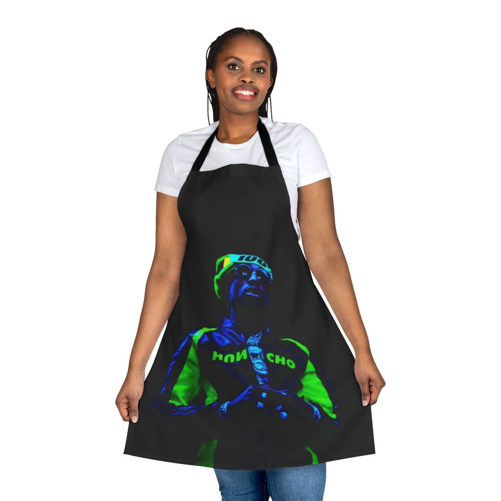 Neon green apron with Quavo-inspired design