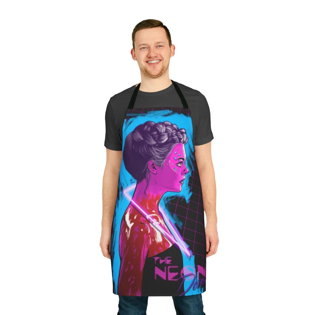 Neon-inspired apron with a futuristic, retro-80s design
