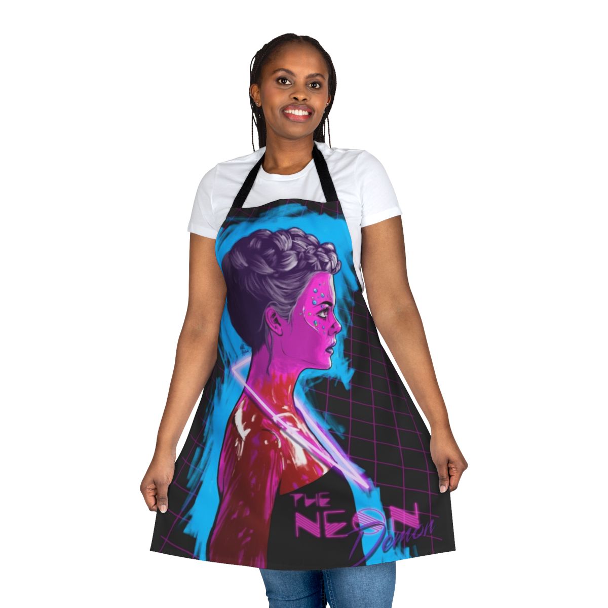 Neon-inspired apron with a futuristic, retro-80s design