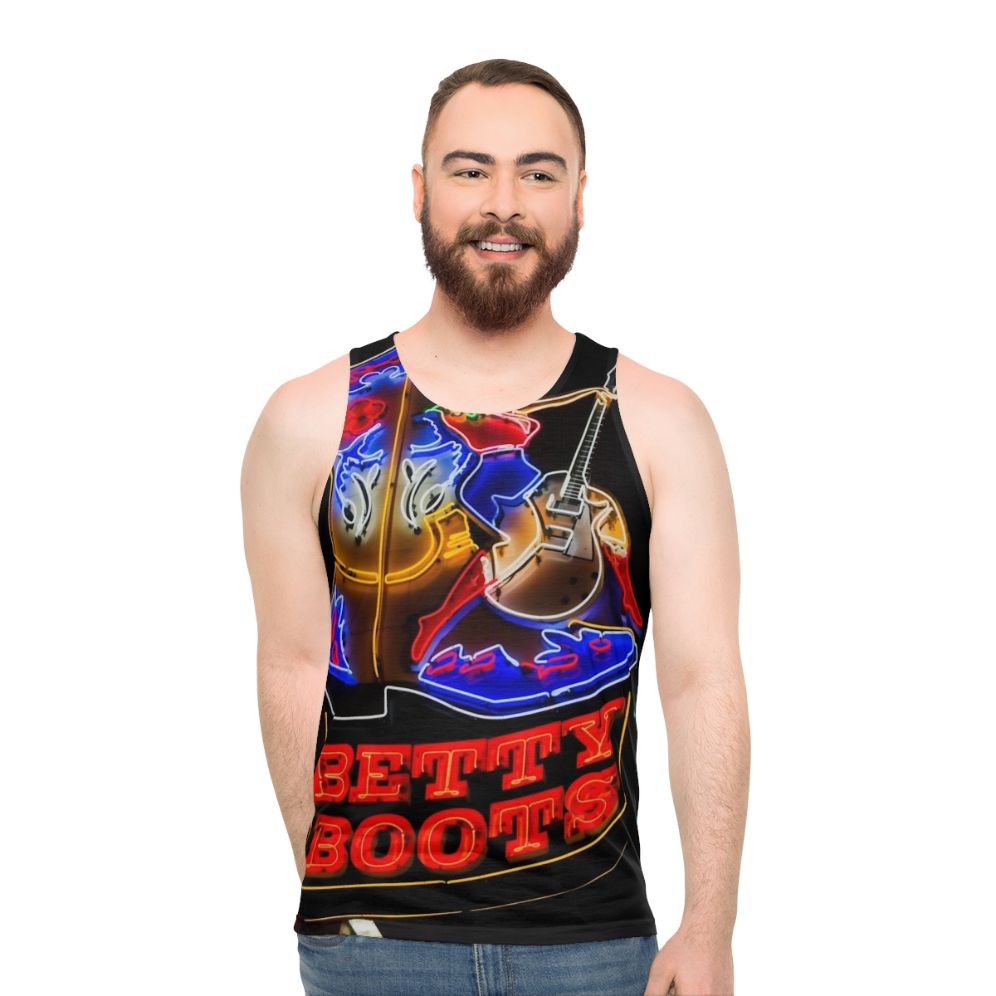 Unisex tank top with neon lights and country music elements