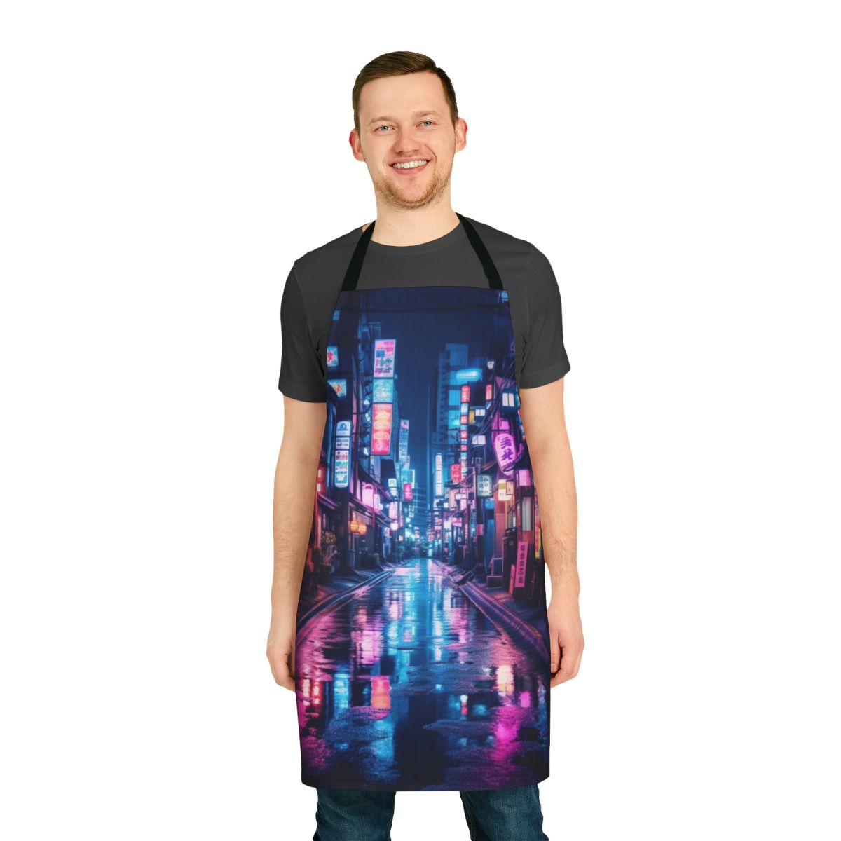Apron featuring a cyberpunk-inspired neon cityscape of Tokyo