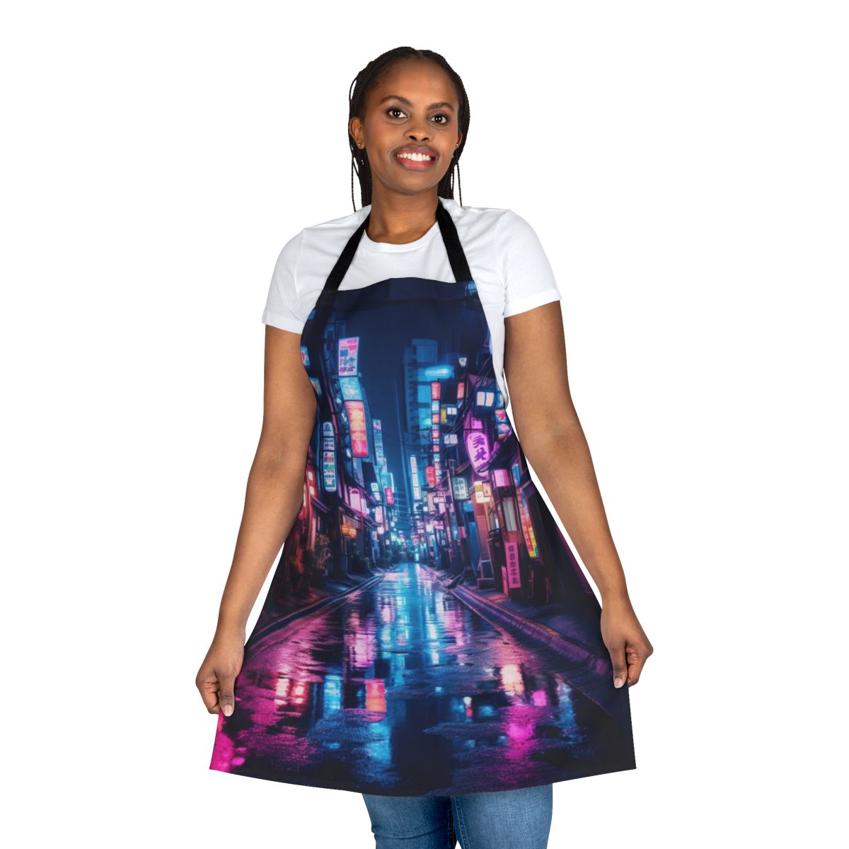 Apron featuring a cyberpunk-inspired neon cityscape of Tokyo