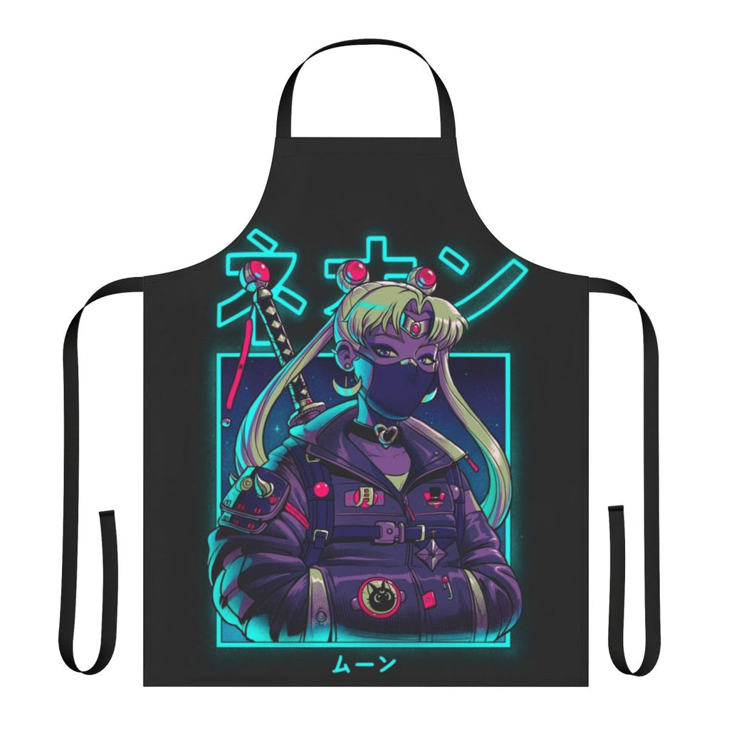 Neon moon-inspired apron with samurai, katana, and urban Japanese elements