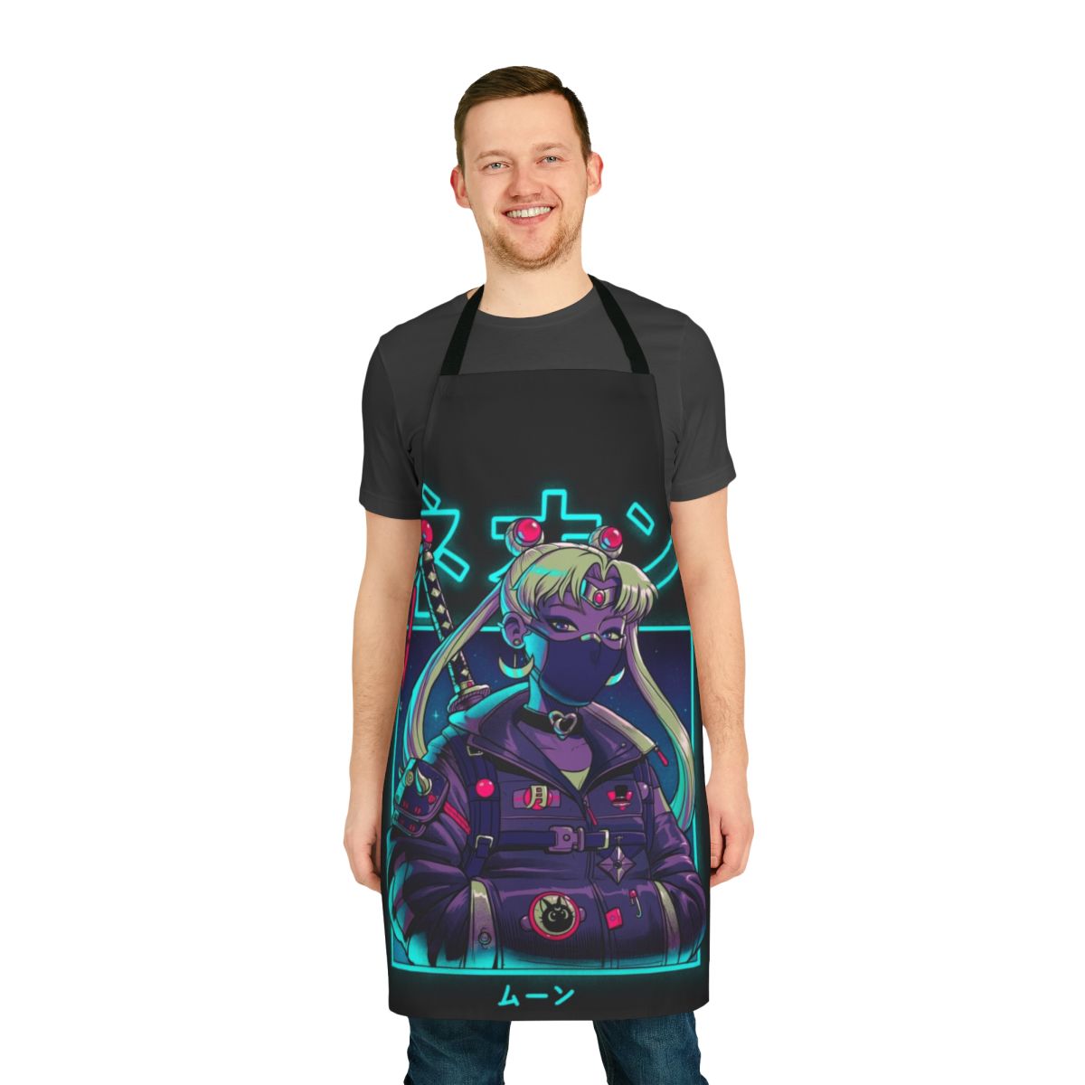 Neon moon-inspired apron with samurai, katana, and urban Japanese elements