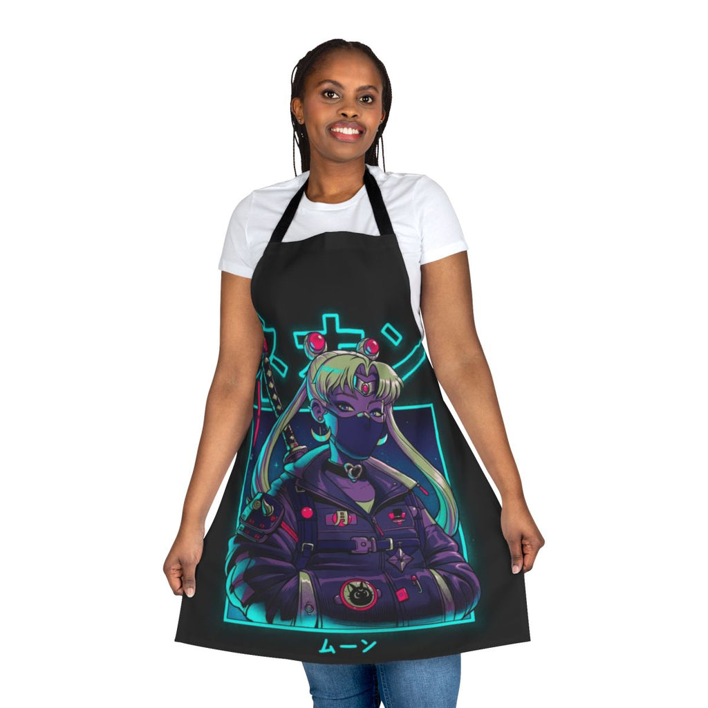 Neon moon-inspired apron with samurai, katana, and urban Japanese elements