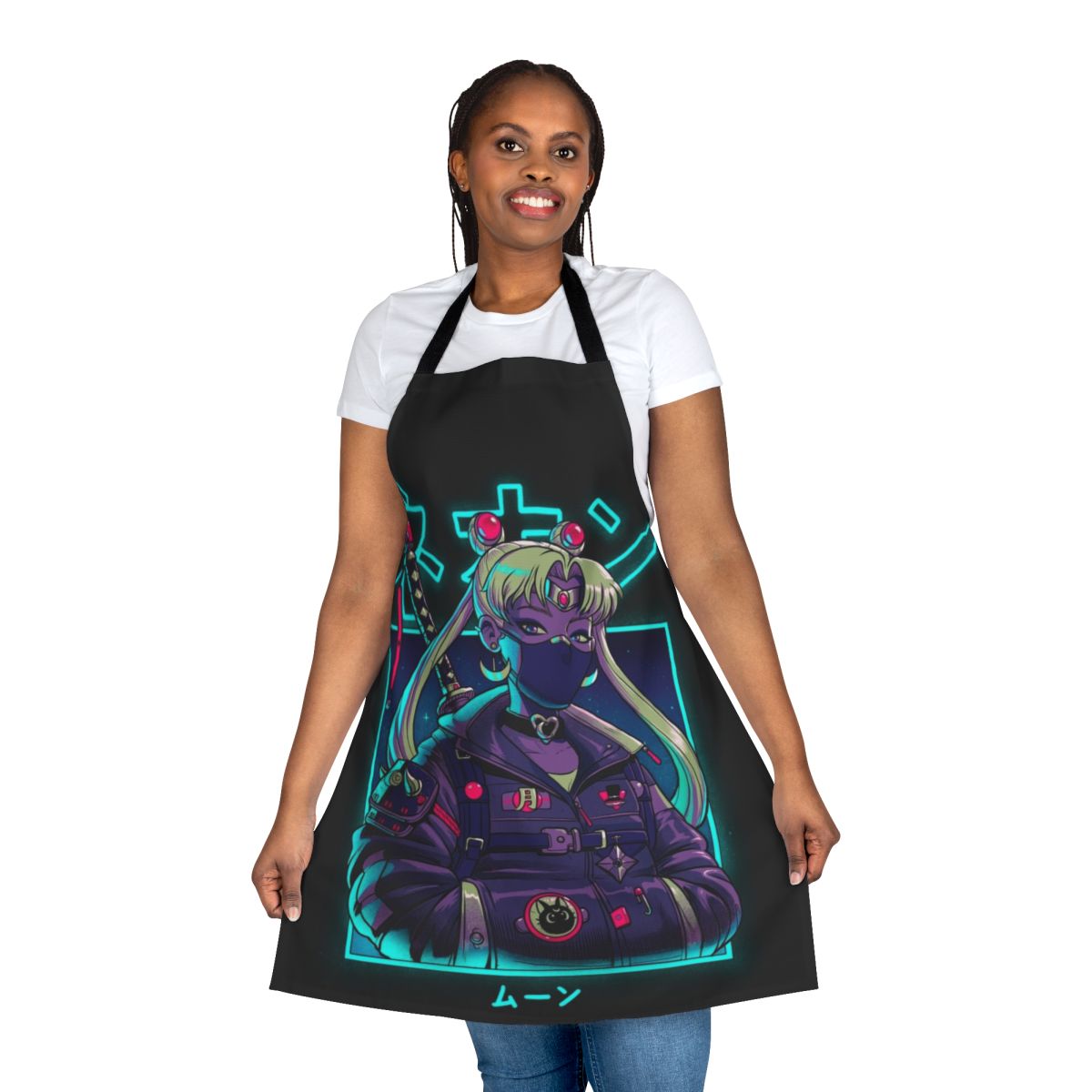 Neon moon-inspired apron with samurai, katana, and urban Japanese elements