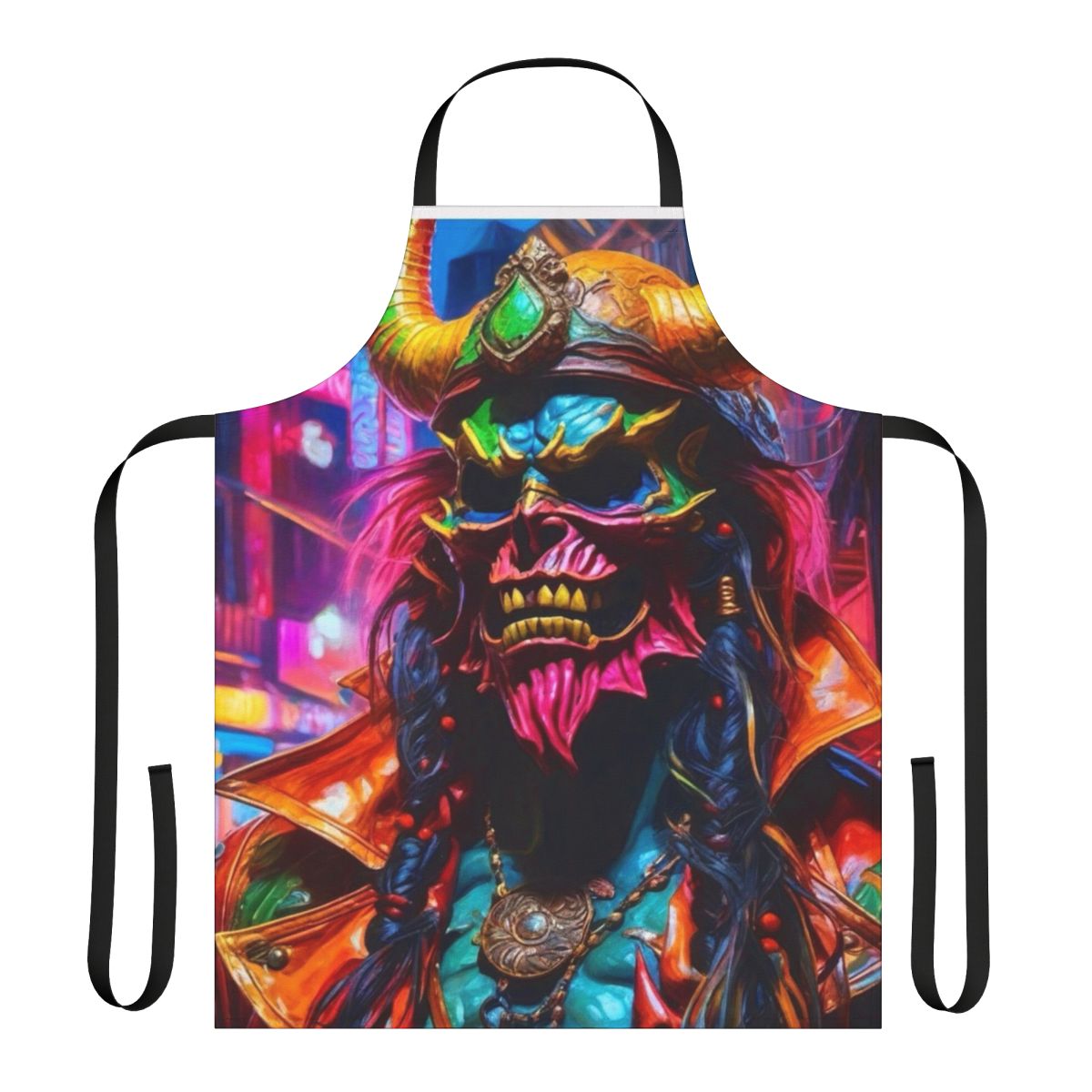 Neon pirate-themed apron with graffiti and horror-inspired design