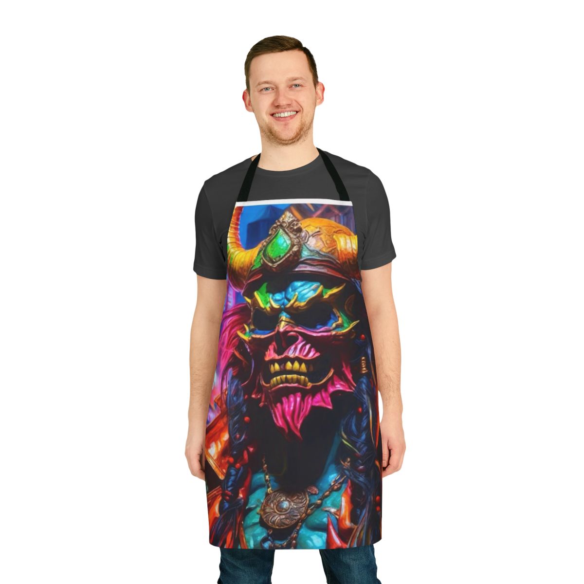 Neon pirate-themed apron with graffiti and horror-inspired design