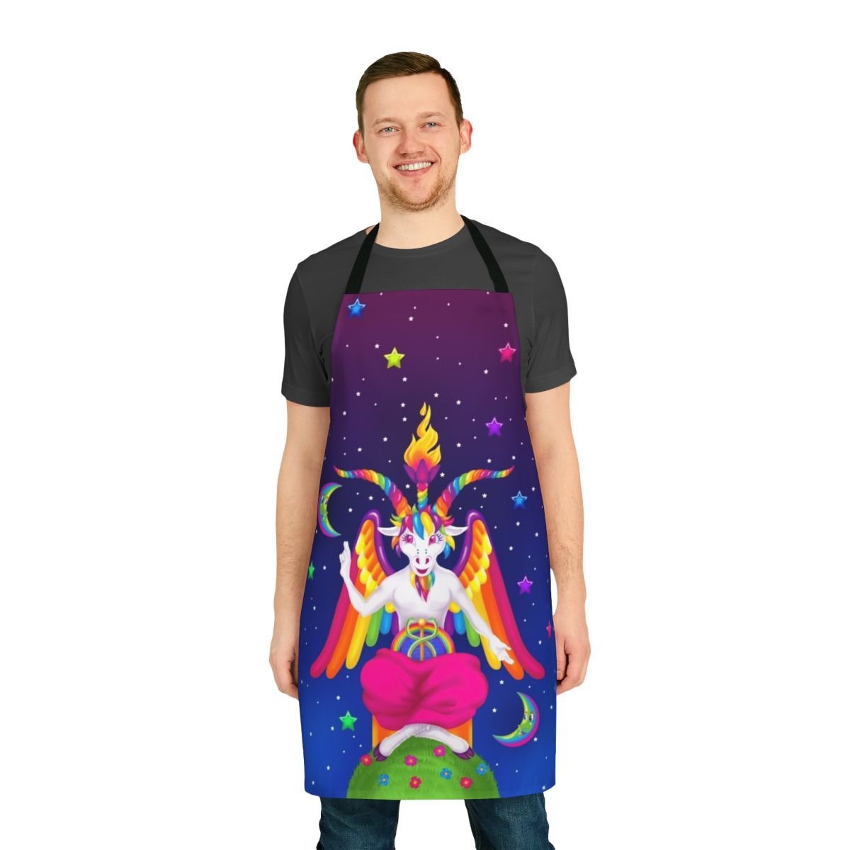 Neon rainbow apron with baphomet and horned god design