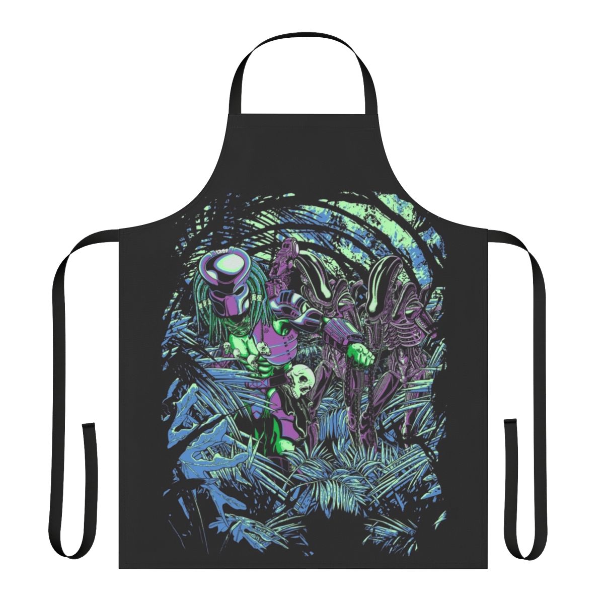 Neon sci-fi jungle-themed apron with alien and predator references