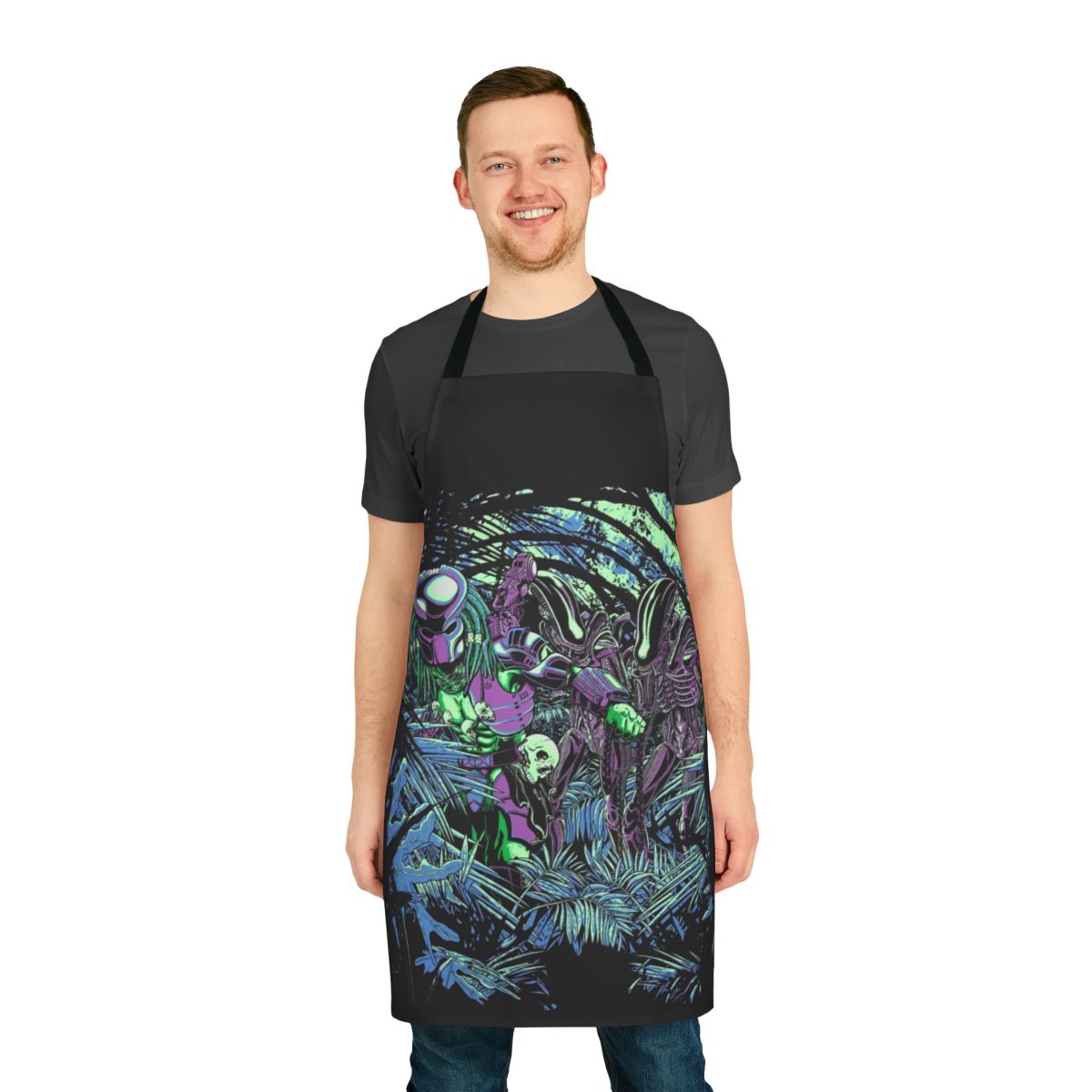 Neon sci-fi jungle-themed apron with alien and predator references