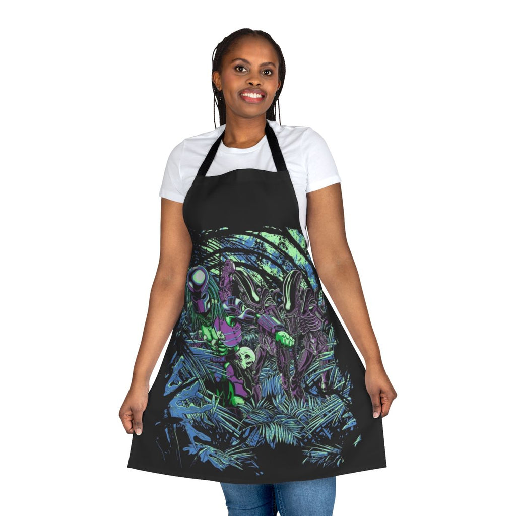 Neon sci-fi jungle-themed apron with alien and predator references