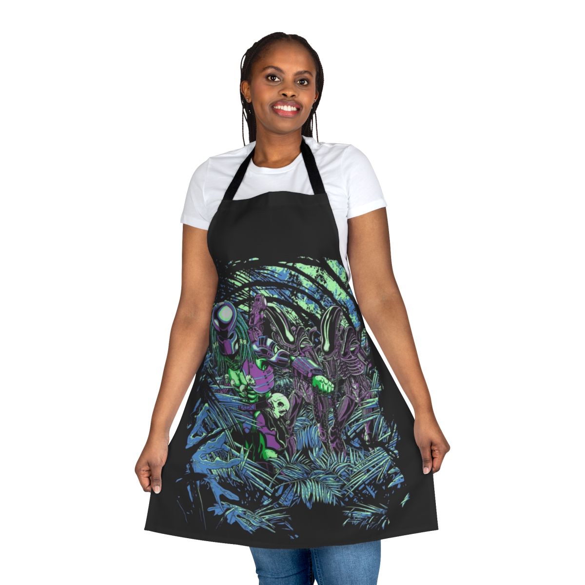 Neon sci-fi jungle-themed apron with alien and predator references